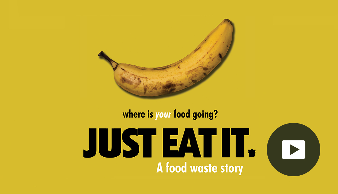 banana with brown spots above words where is your food going? just eat it, a food waste story; play button in bottom right corner