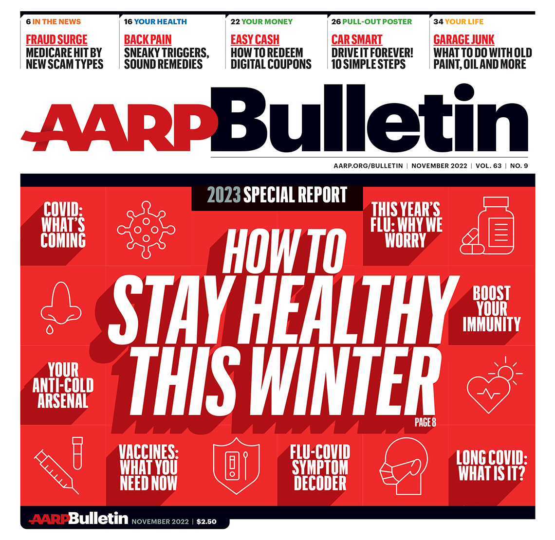 a a r p november 2022 bulletin cover; how to stay healthy this winter