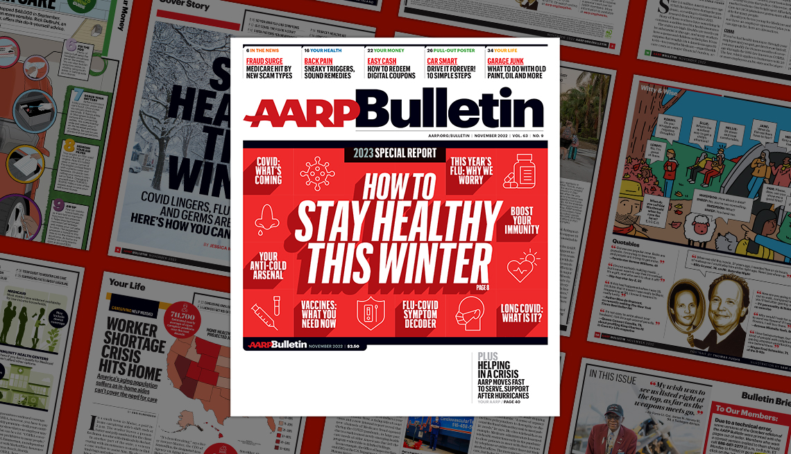a a r p november 2022 bulletin cover; how to stay healthy this winter; on background of magazine pages