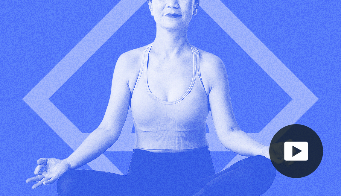 woman sitting in lotus pose in front of light blue diamond graphic and blue background; play button on bottom right corner