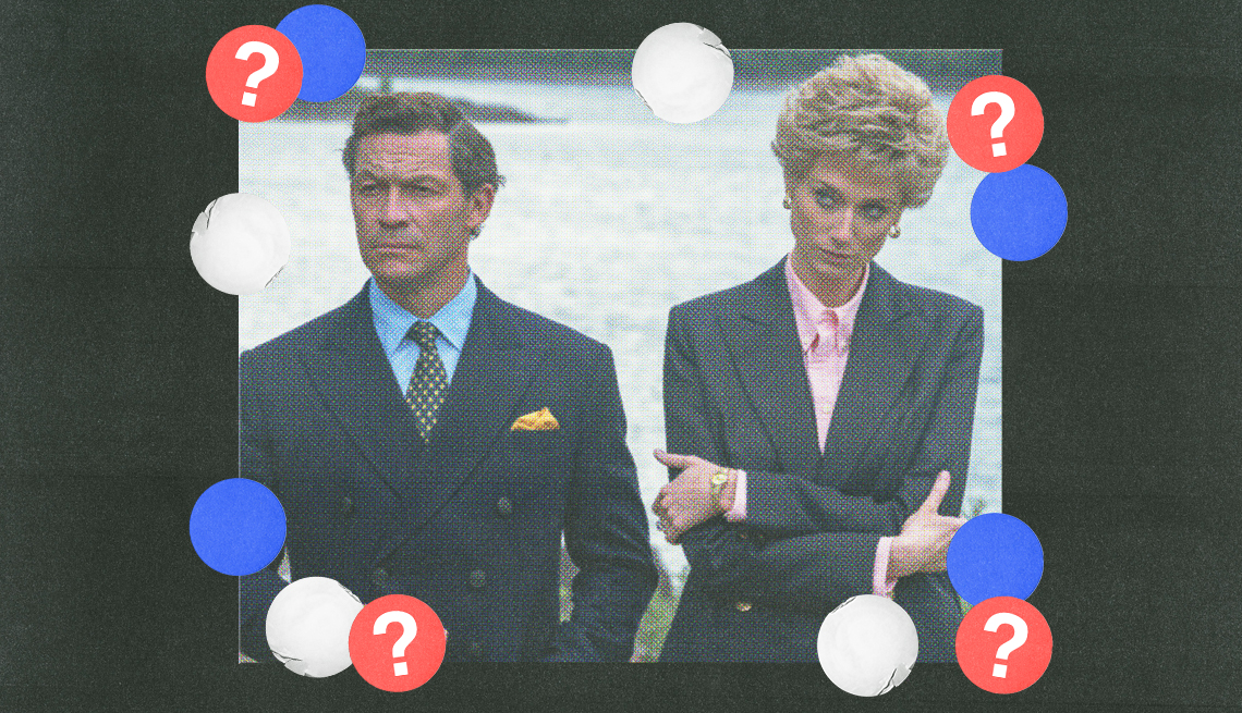 dominic west as prince charles and elizabeth debicki as diana in a still from season five of the crown; red, white and blue circles with question marks surround them; black background