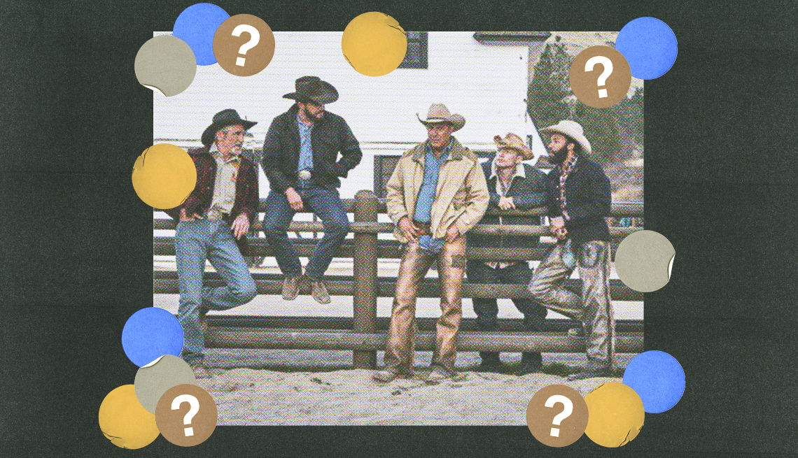 still from yellowstone of five men wearing cowboy hats near a fence; brown, blue, gray and yellow circles with question marks surround them; black background