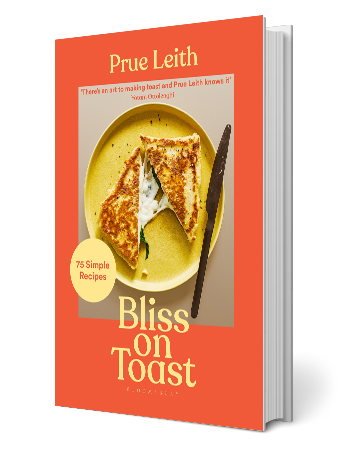 book cover with grilled cheese on yellow dish; words read prue leith bliss on toast
