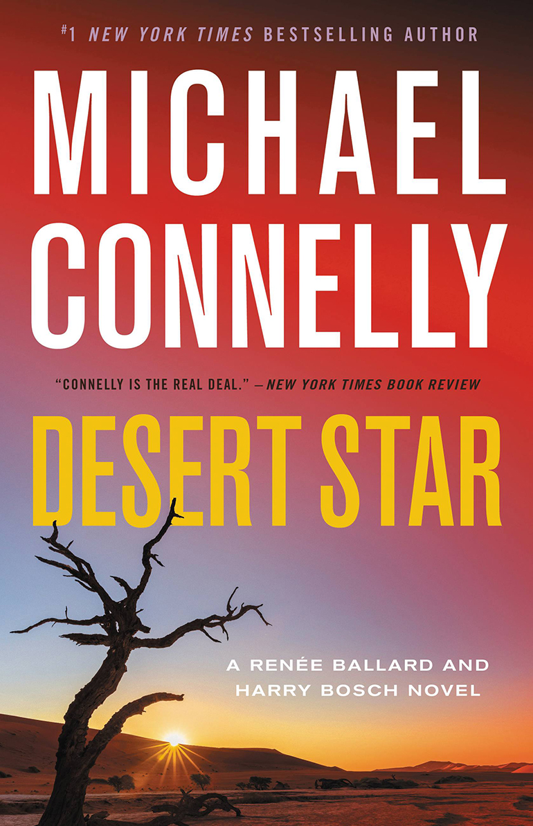 book cover with big words that read michael connelly desert star; on bottom of cover is tree with no leaves, and the sun peaking over a mountain in the distance
