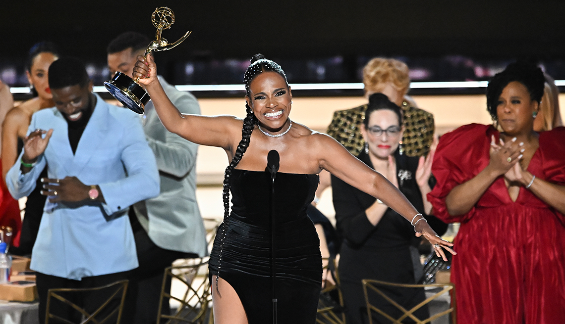 Actress Sheryl Lee Ralph holds up her trophy during her acceptance speech at the Emmys