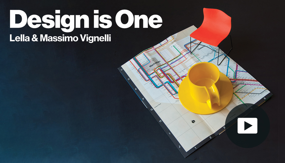 the words design is one lella & massimo vignelli in upper left; paper with the new york city subway map drawn on it and a coffee cup on top of it; play button in bottom right corner