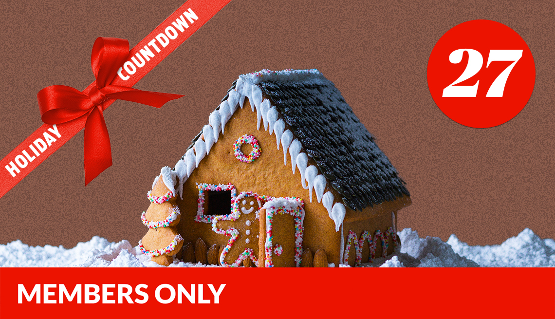 gingerbread house with gingerbread man standing outside front door; number 27 in red circle in upper right corner; red ribbon with bow across upper left corner that says holiday countdown; red members only banner on bottom