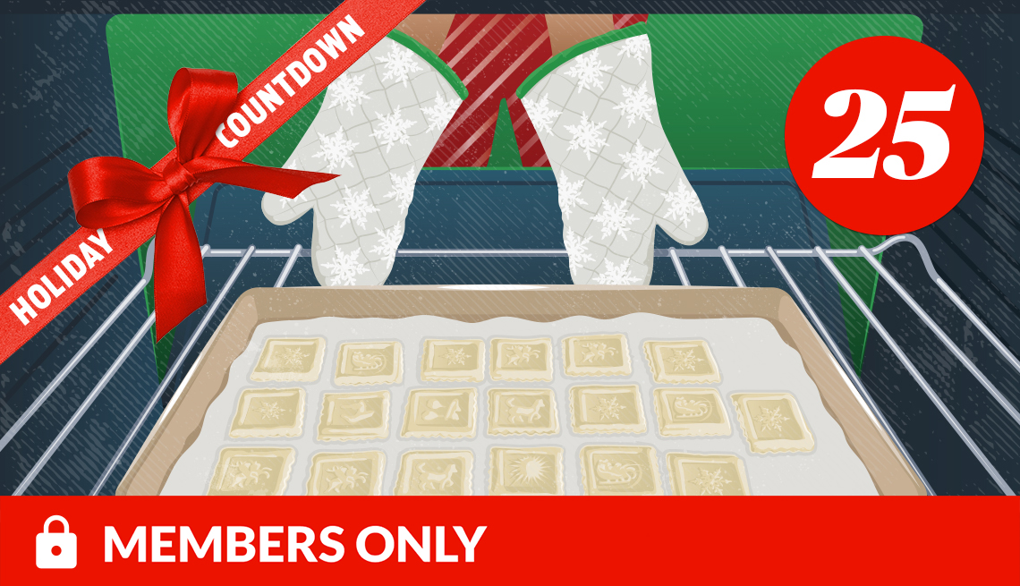 illustration of two hands wearing oven mitts putting tray of cookies in oven; number 25 in red circle in upper right corner; red ribbon with bow across upper left corner that says holiday countdown; red members only banner with lock icon at bottom