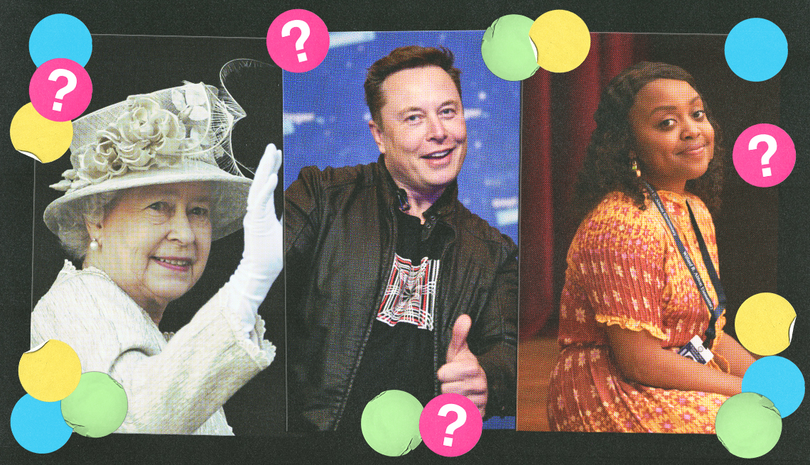 three side-by-side photos of queen elizabeth the second, elon musk, and quinta brunson surrounded by green, yellow, blue and pink circles with question marks in them