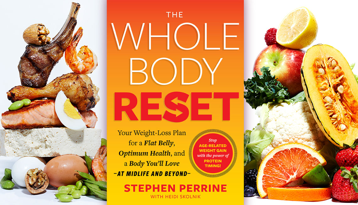 The Whole Body Reset book surrounded by a variety of foods including eggs, salmon, cauliflower, berries, apples, beans and more