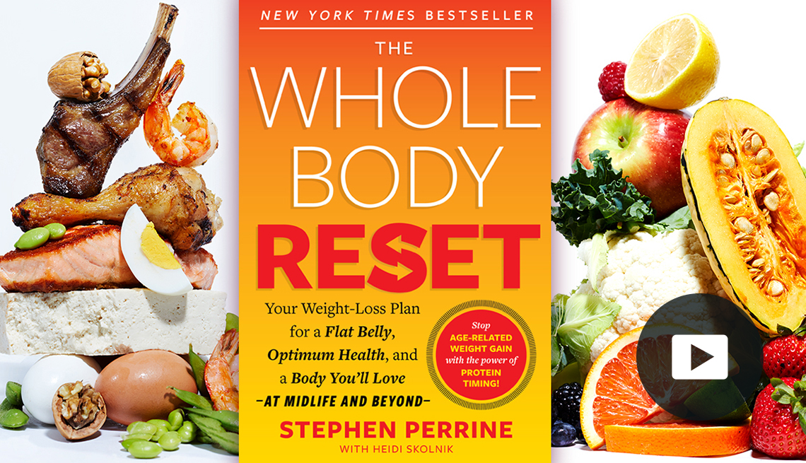 The Whole Body Reset book surrounded by a variety of foods including eggs, salmon, cauliflower, berries, apples, beans and more. Video play icon in lower right corner.