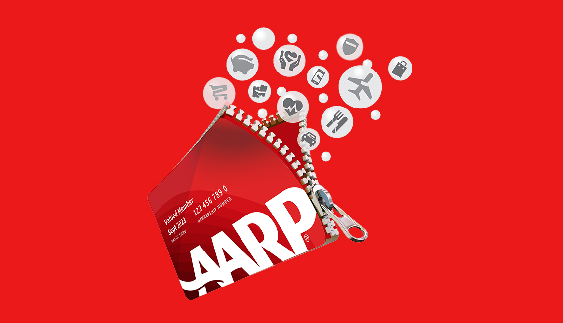 illustration of an a a r p membership card with a zipper on the side from which icons for travel, food, health and other things are coming out
