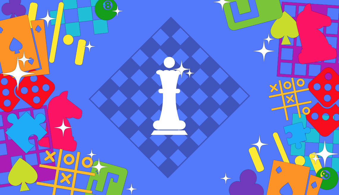 illustration of chess pawn on board surrounded by games-related icons for playing cards, tic-tac-toe, puzzle pieces and dice