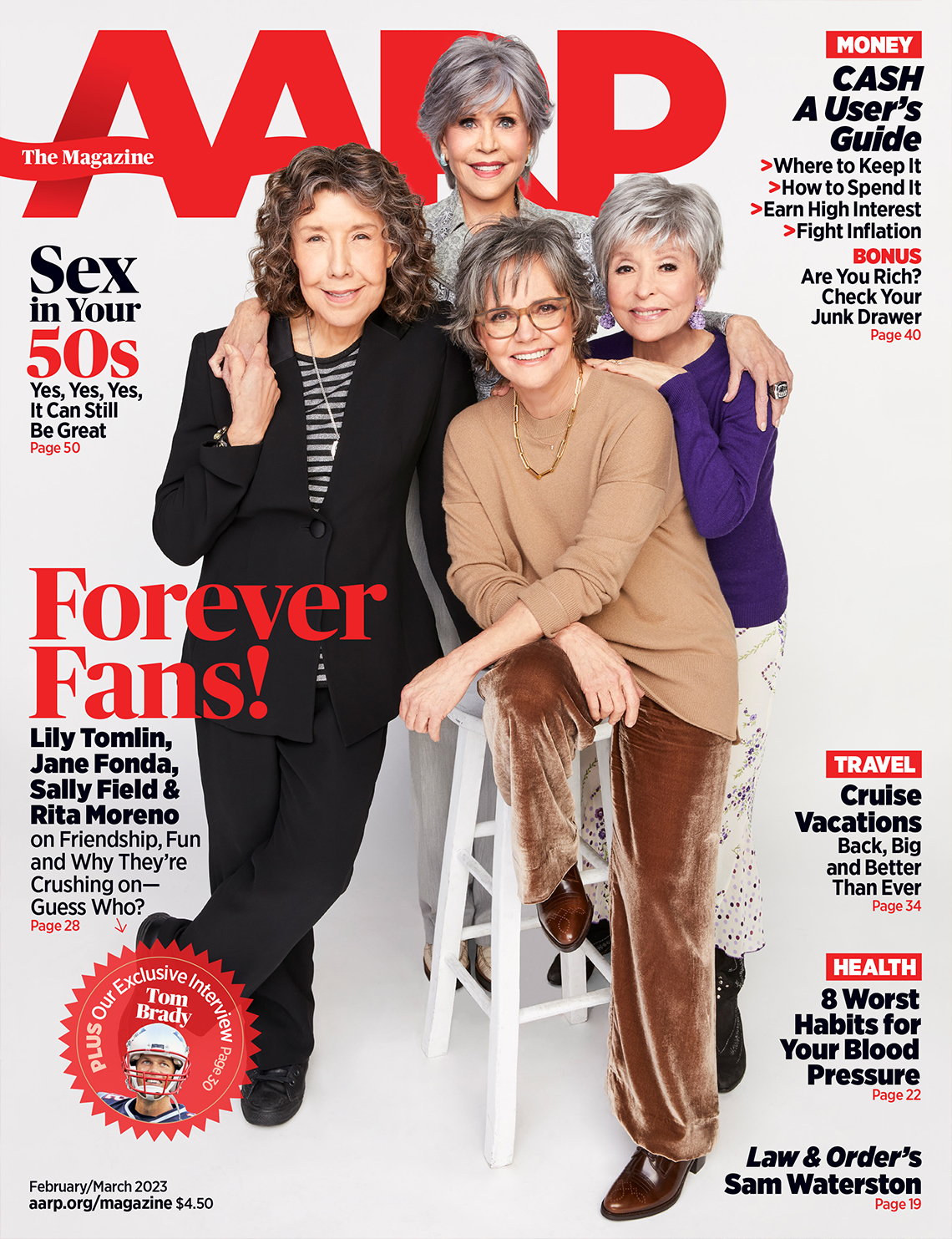 a a r p the magazine cover february / march 2023, featuring lily tomlin, jane fonda, rita moreno and sally field