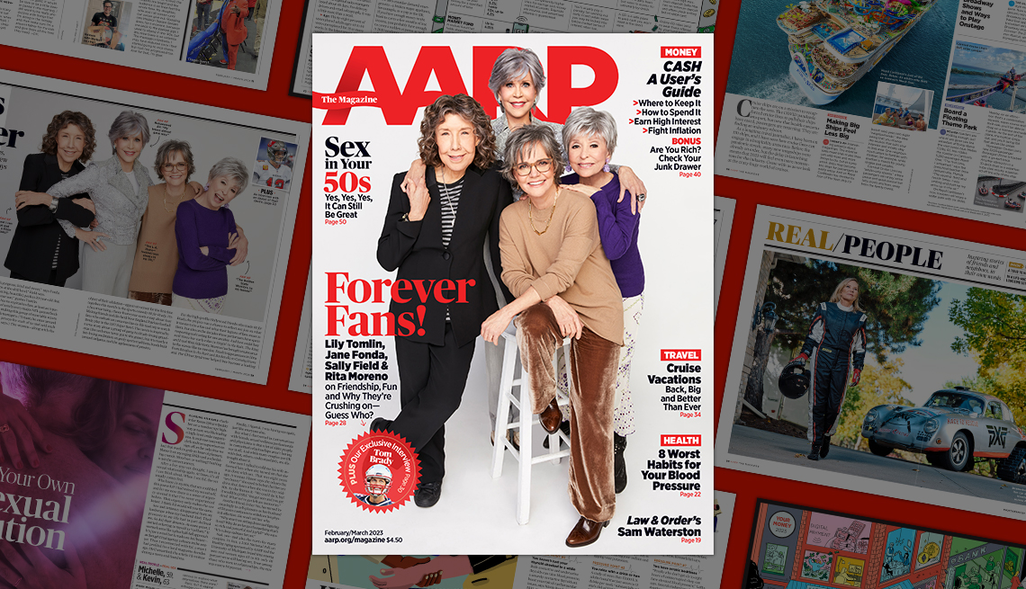 a a r p the magazine cover february / march 2023 featuring lily tomlin, jane fonda, rita moreno and sally field; on background of magazine pages