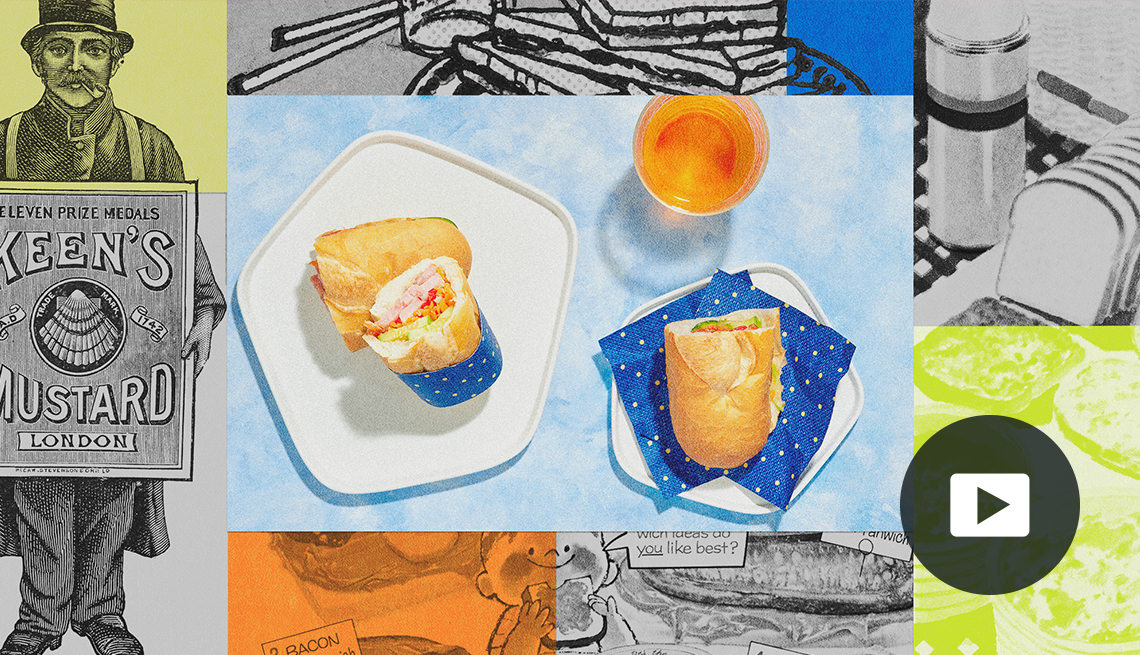 three sub sandwich halves on two plates and a drink surrounded by a collage of illustrations including one showing slices of bread and another an old ad for Keen's Mustard, with video icon overlay