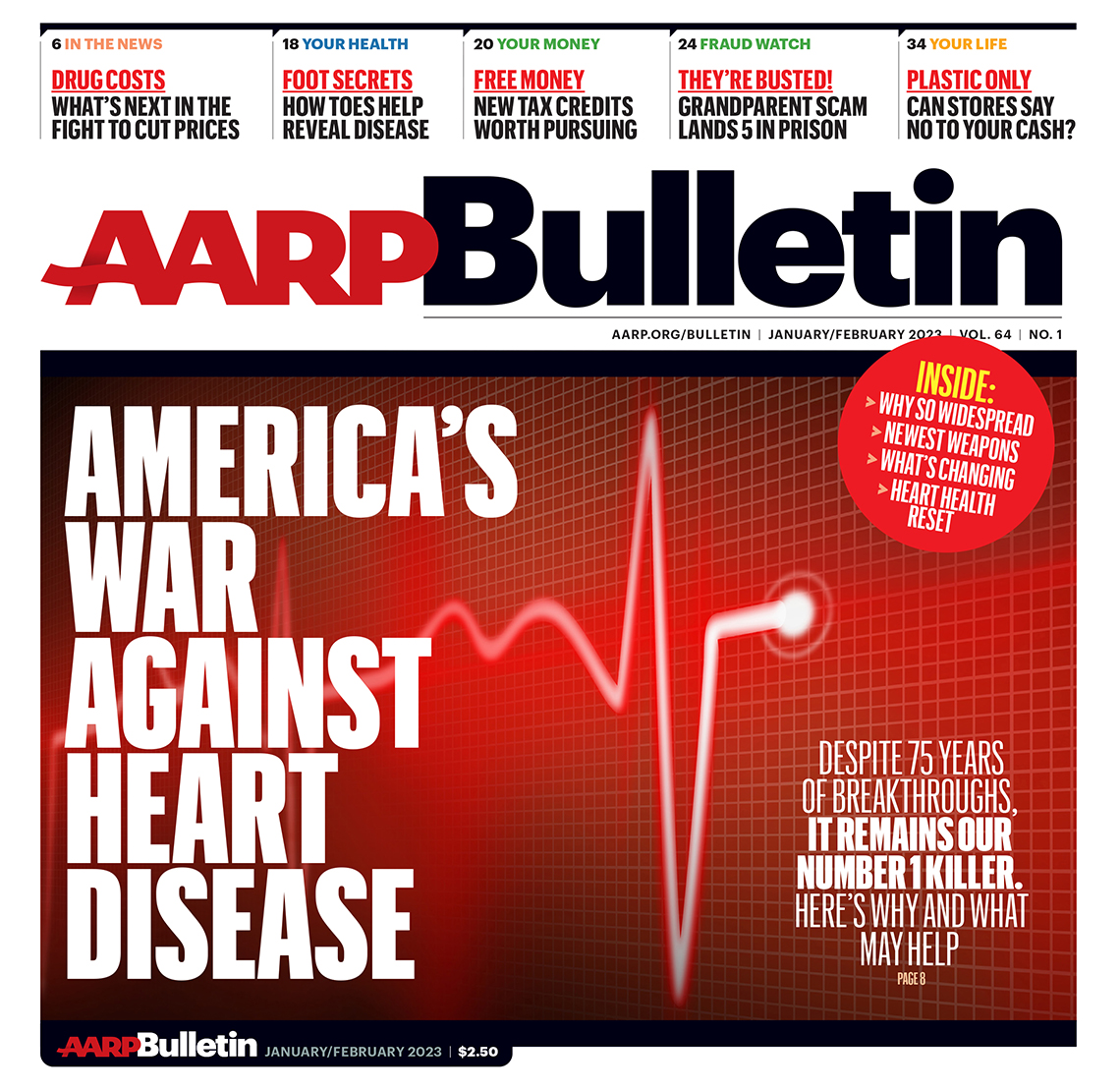 a a r p january and february 2023 bulletin cover; america's war against heart disease