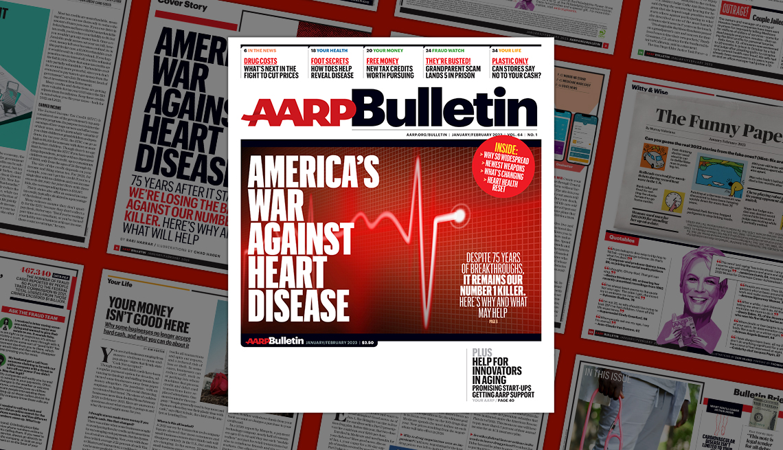 a a r p january and february 2023 bulletin cover; america's war against heart disease; on background of magazine pages