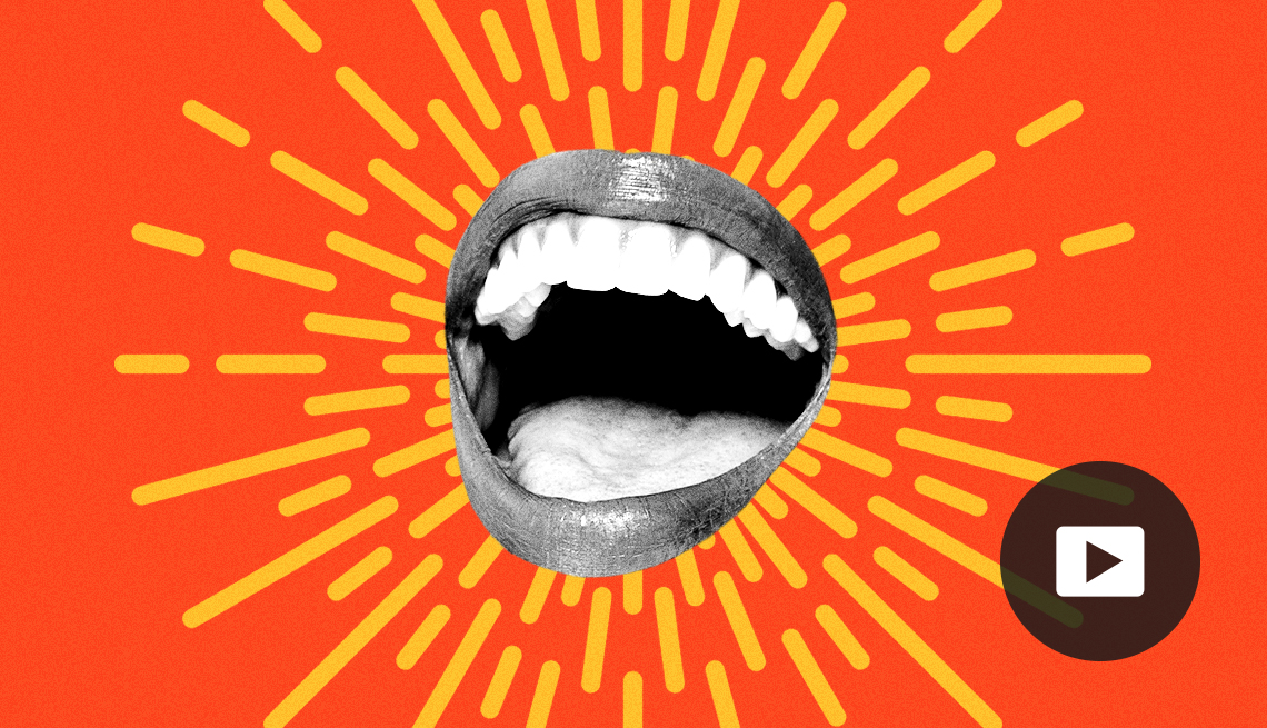 illustration showing a wide open mouth laughing, with video icon overlay