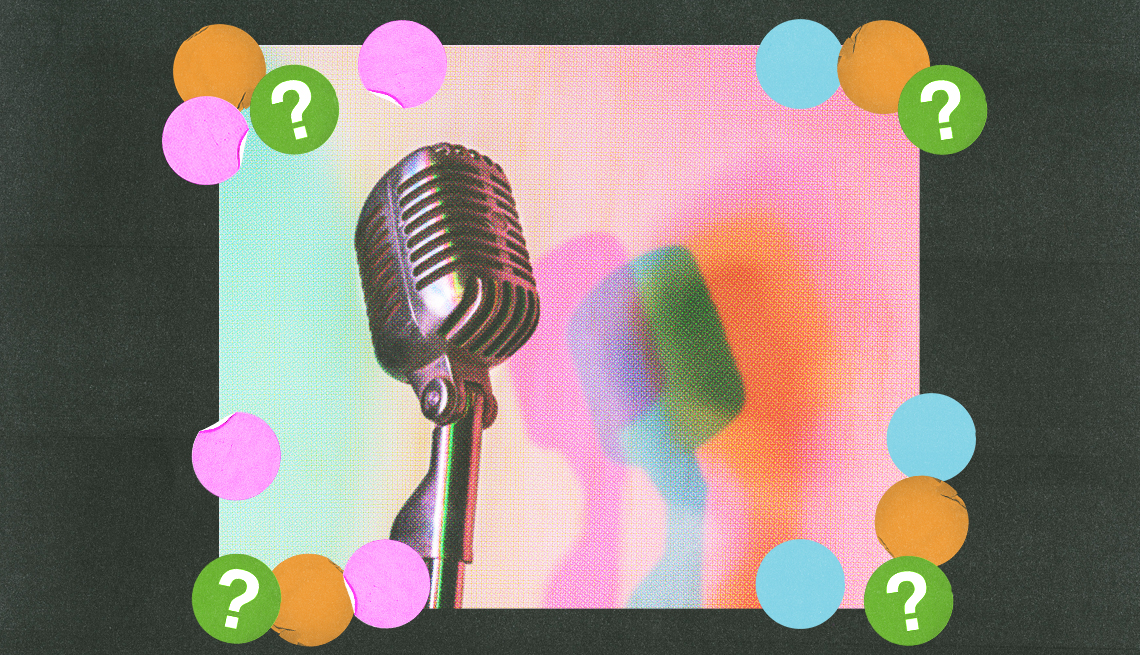 microphone with three colorful shadows against background; pink, orange, blue and green circles with question marks surround it; black background