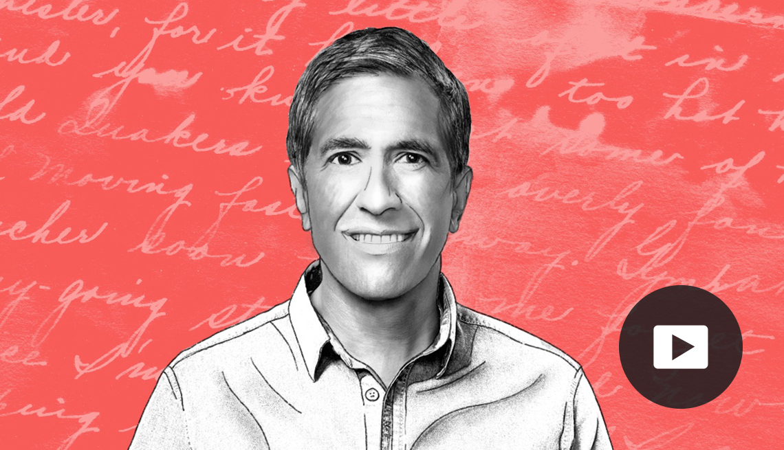 illustration of dr. sanjay gupta against a dark pink background with cursive writing; video icon overlay