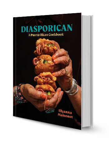 cover of diasporican, a puerto rican cookbook; two hands holding food