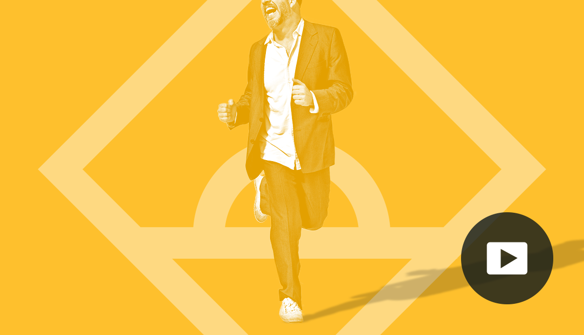illustration of man moving, kicking one leg in air behind him; diamond shape behind him on yellow background; picture of play button on bottom right corner
