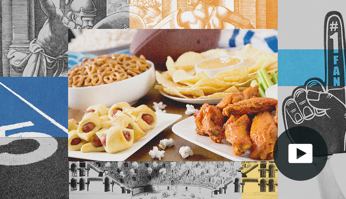 chicken wings, mini hotdogs, pretzels, and chips surrounded by photos that symbolize football and ancient rome; picture of play button on bottom right corner