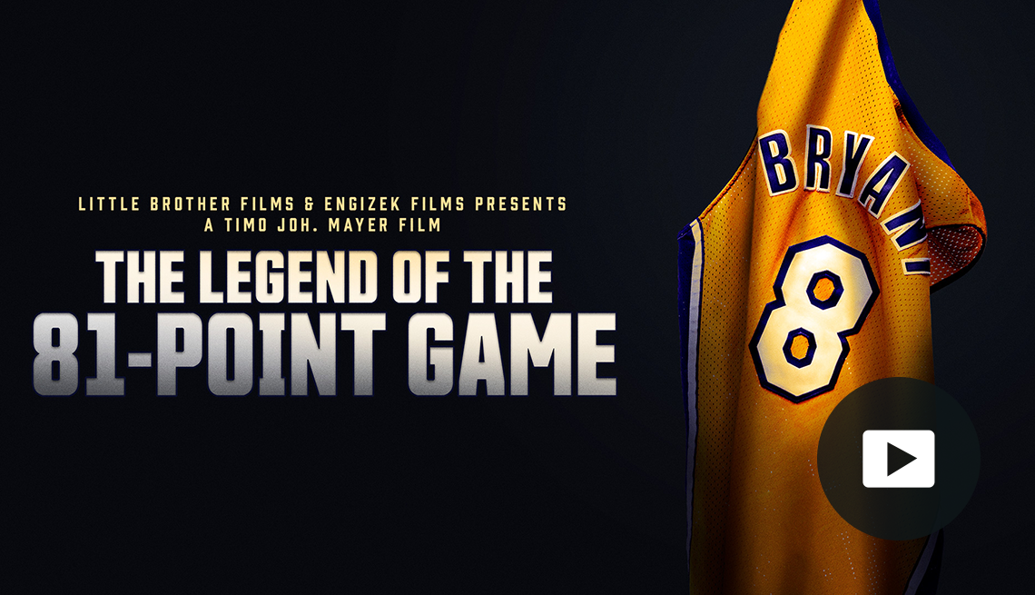 cover of the legend of the 81-point game showing back of kobe bryant's jersey with number 8 on it; picture of play button in bottom right corner
