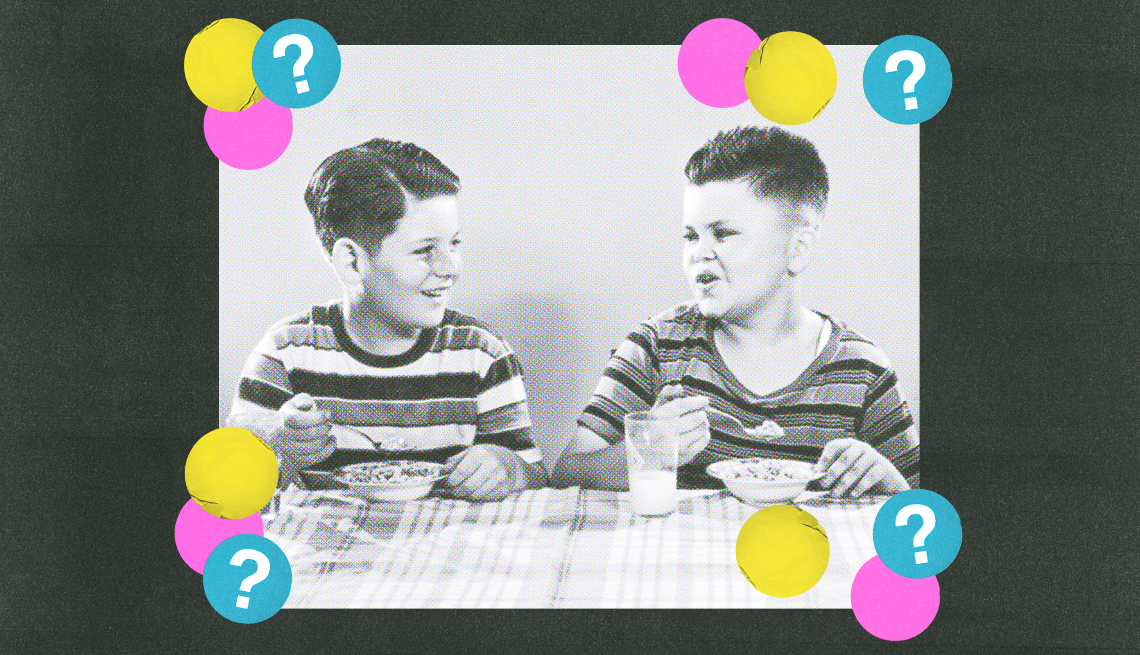 two kids sitting at table eating cereal; pink, yellow and blue circles with question marks surround them