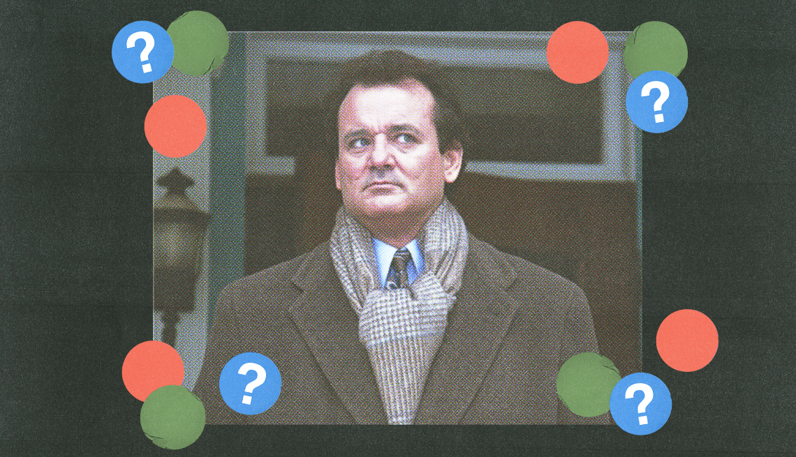 bill murray as phil connors in a still from groundhog day; red, green and blue circles with question marks surround him; black background