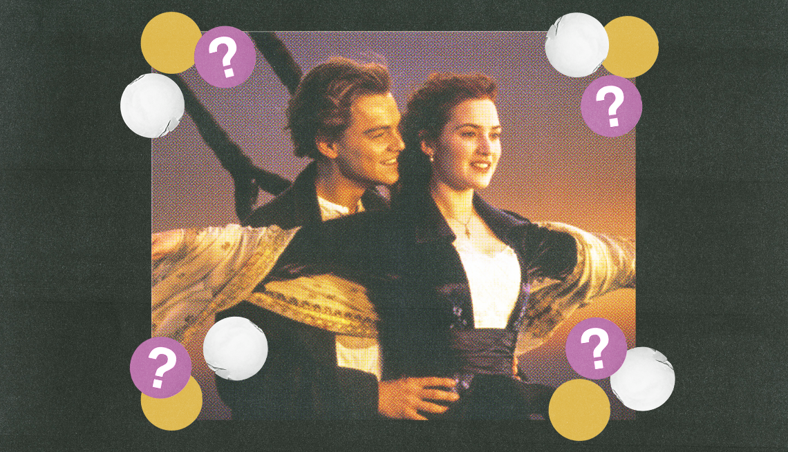 leonardo dicaprio as jack standing behind kate winslet as rose, holding onto her waist in a still from titanic; white, yellow and purple circles with question marks surround them