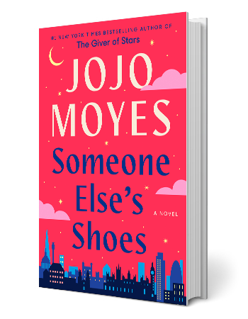 book cover that says jojo moyes someone else's shoes; city buildings on bottom