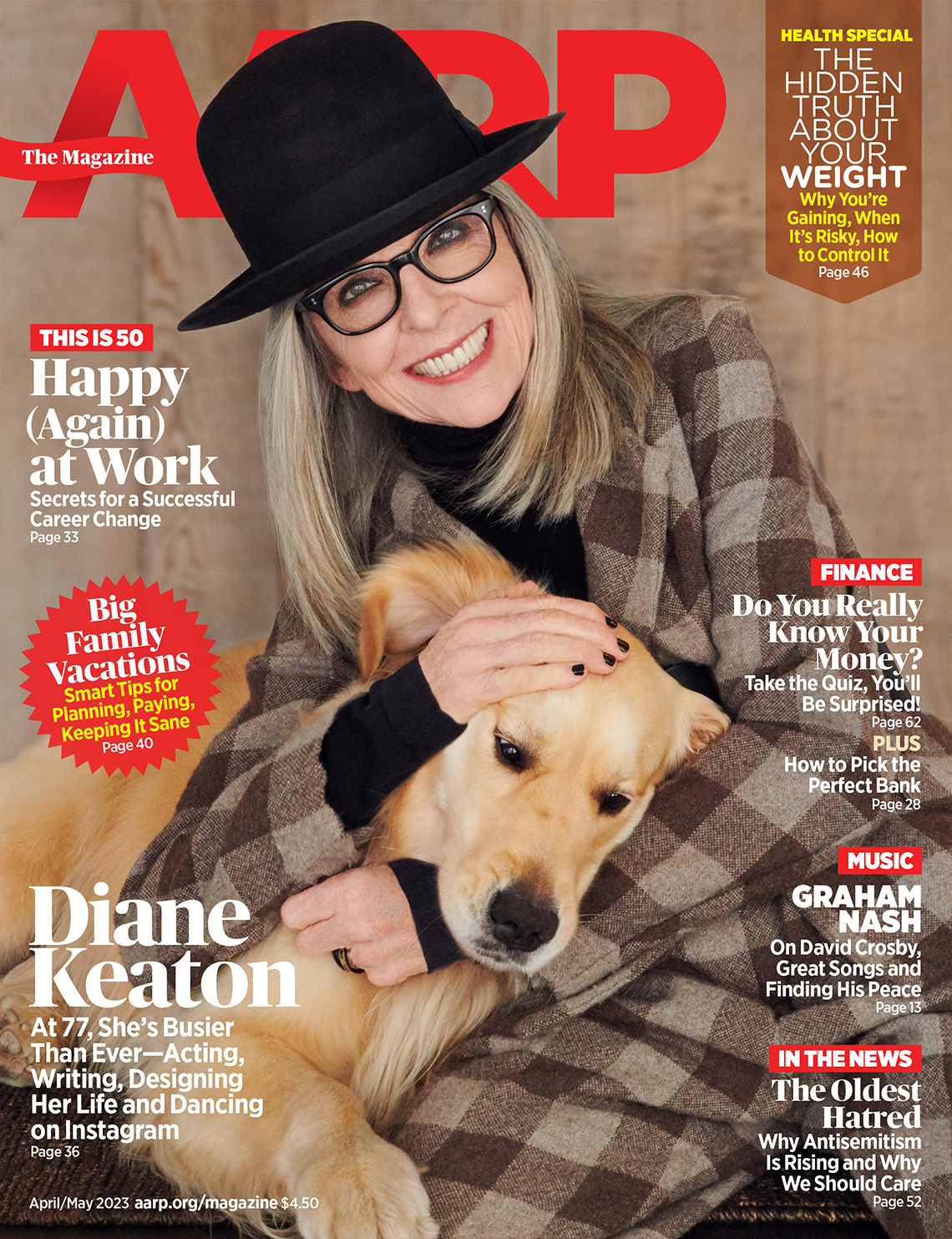 a a r p the magazine cover april / may 2023 featuring diane keaton holding dog