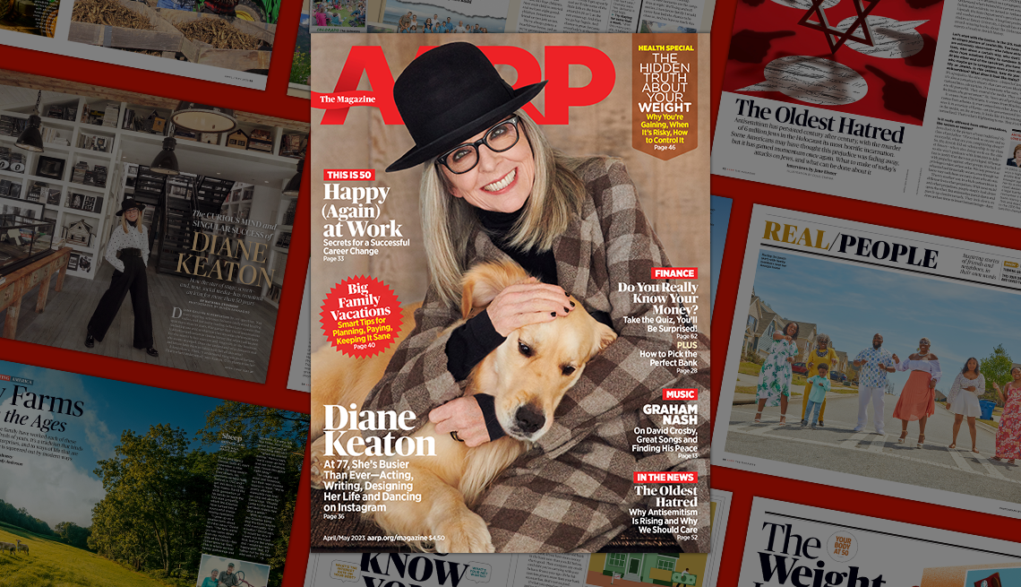 a a r p the magazine cover april / may 2023 featuring diane keaton holding dog; on background of magazine pages