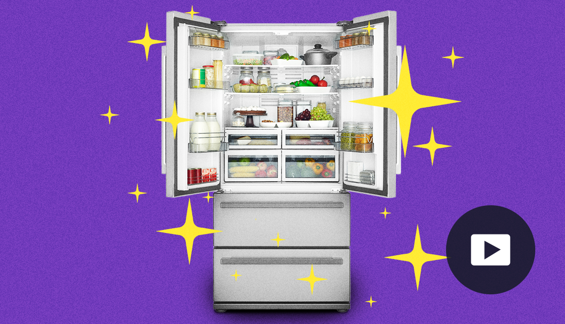open refrigerator full of food and drinks surrounded by yellow sparkle symbols on purple background; picture of play button on bottom right corner