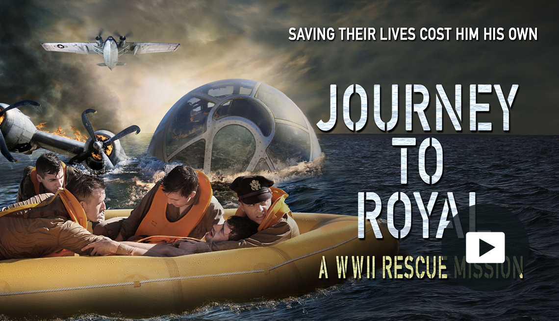 cover of journey to royal a world war two recue mission; five men in life boat in water with plane down in water behind them; play button on bottom right corner