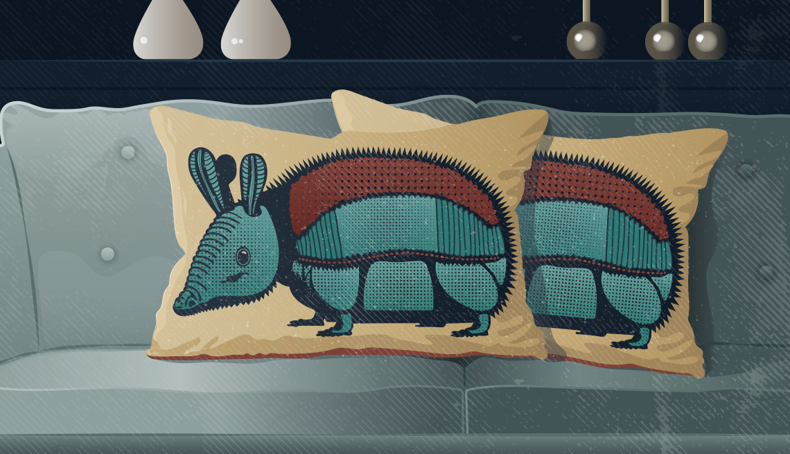 illustration of couch with two pillows that have an armadillo on them