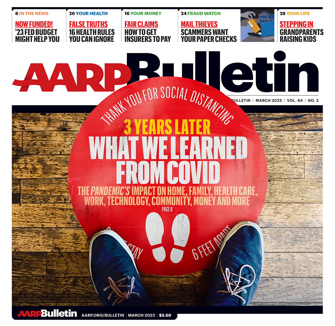 a a r p march 2023 bulletin cover; what we learned from covid