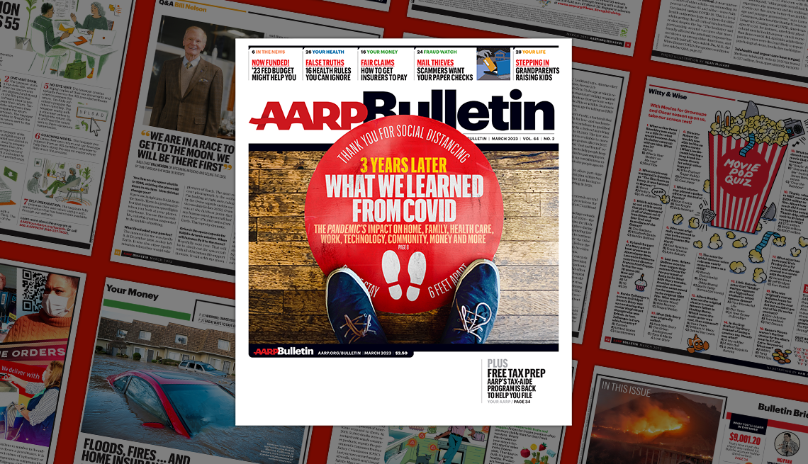a a r p march 2023 bulletin cover; what we learned from covid; on background of magazine pages