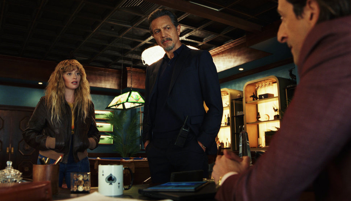 natasha lyonne as charlie cale, benjamin bratt as cliff legrand and adrien brody as sterling frost in a still from poker face