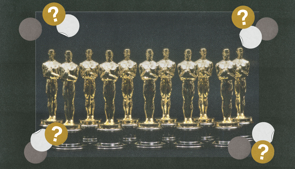eleven oscar statuettes lined up horizontally surrounded by gray, off white and gold circles with question marks in them
