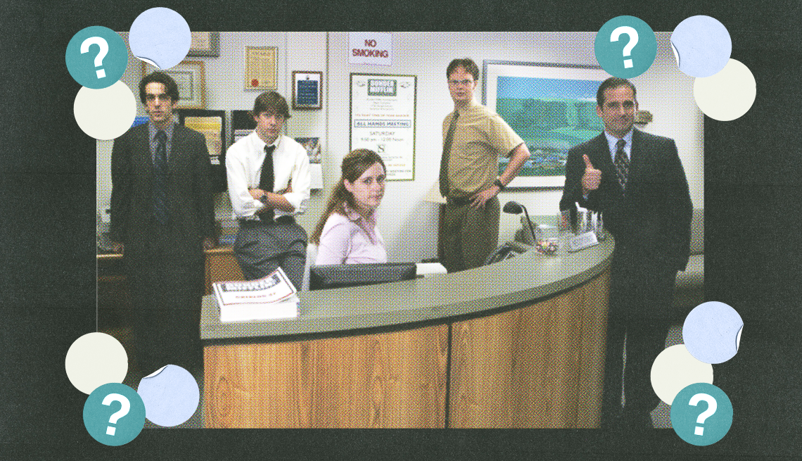 ryan, jim, pam, dwight and michael standing around the desk in the front of the office; light blue, light yellow and teal circles with question marks surround them