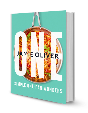 teal book cover showing frying pan with food in it, the words jamie oliver one simple one-pan wonders are on cover