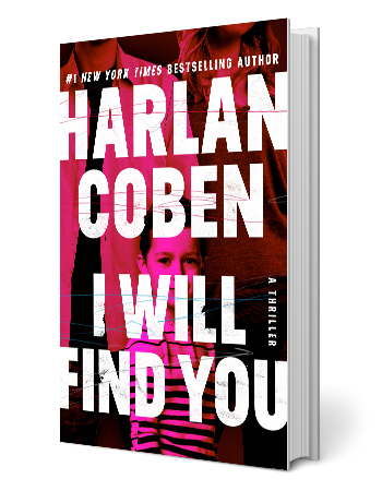 book cover with words harlan coben i will find you; man, woman and little boy behind the words