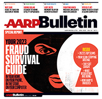 a a r p april 2023 bulletin cover; fraud survival guide