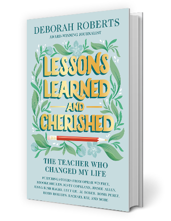 words lessons learned and cherished in gold with red pencil beneath it, surrounded by green leaves on book cover; words the teacher who changed my life in a blueish color under that