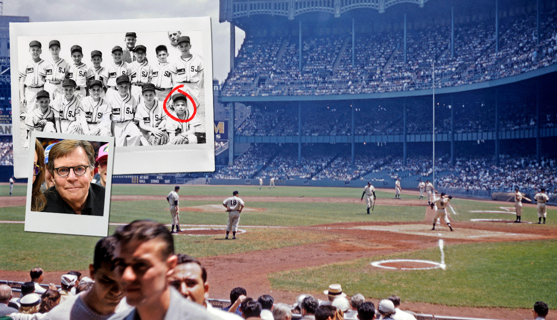 yankee players on baseball field and people in stands; polaroid picture of current bob costas on left side; picture of young bob costas with his former baseball team in upper left corner