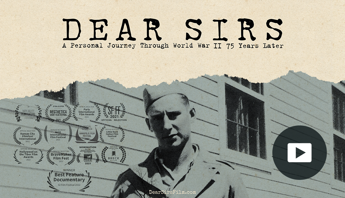 man standing in front of house in military uniform; above him are the words dear sirs, a personal journey through world war two, 75 years later; on the left side of the picture are 13 awards and nominations that the film received; picture of play button in bottom right corner