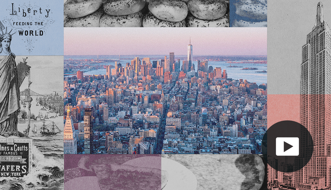 new york city surrounded by collage of statue of liberty, bagels, empire state building and pizza; picture of play button in bottom right corner